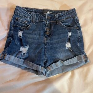 Enjean Juniors Blue‎ Denim Distressed Button-Up Shorts, Size Small